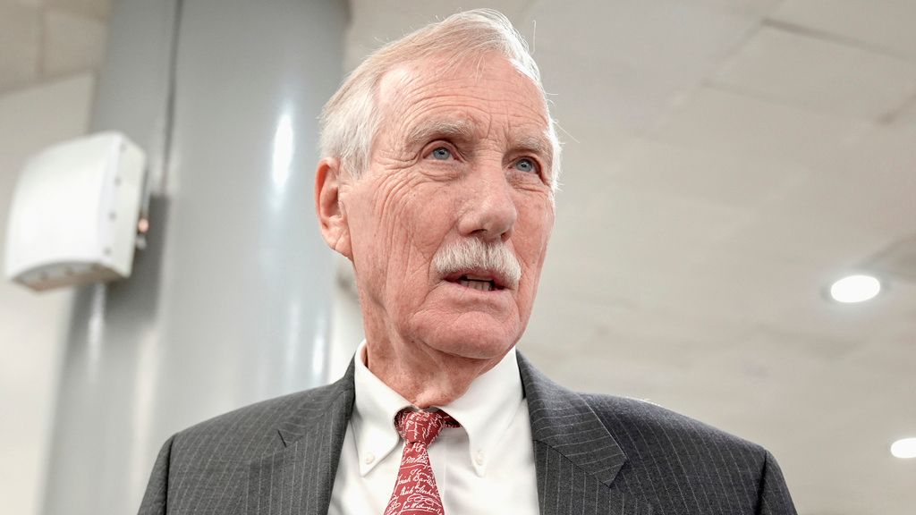 Sen. Angus King, I-Maine, speaks with reporters at the Senate subway on Capitol Hill Tuesday, March 12, 2024, in Washington. (AP Photo/Mariam Zuhaib)