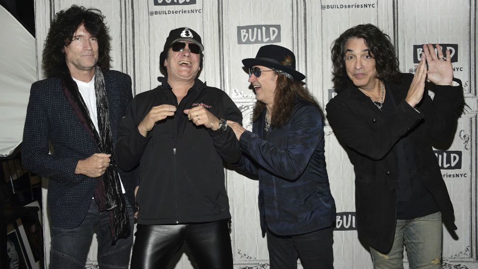 The rock band Kiss, from left, Tommy Thayer, Gene Simmons, Eric Singer and Paul Stanley pose backstage before the BUILD Speaker Series to discuss their "End Of The Road" farewell world tour at AOL Studios on Monday, Oct. 29, 2018, in New York. (Photo by Evan Agostini/Invision/AP