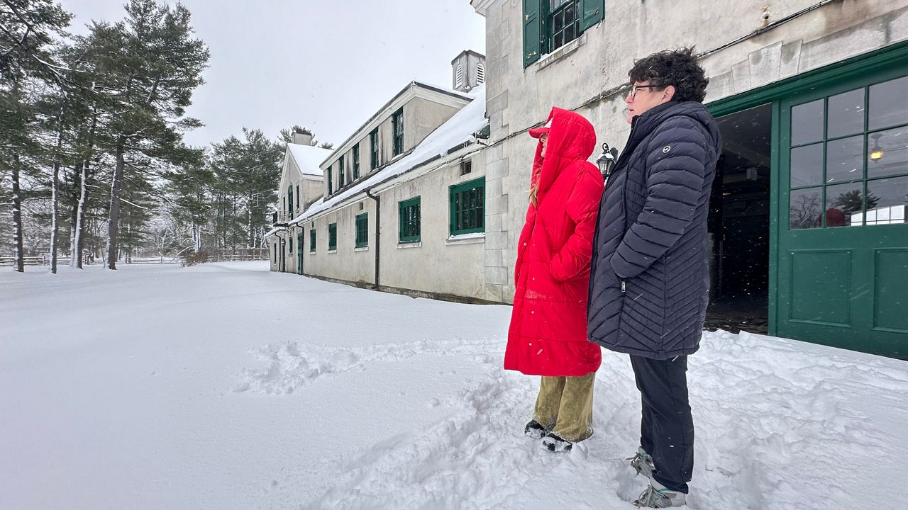 Jennifer Brazill, right, and Kathleen York, discuss the layout of the 2024 EAclipse at Knox Farm State Park, 19 days before the eclipse. (Spectrum News 1/Brianne Roesser Photo)