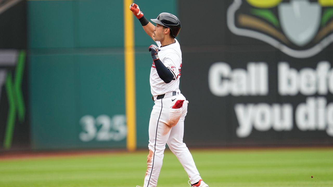 Cleveland Guardians' Steven Kwan celebrates his home run in the third inning of a baseball game against the Chicago White Sox, Thursday, July 4, 2024, in Cleveland.