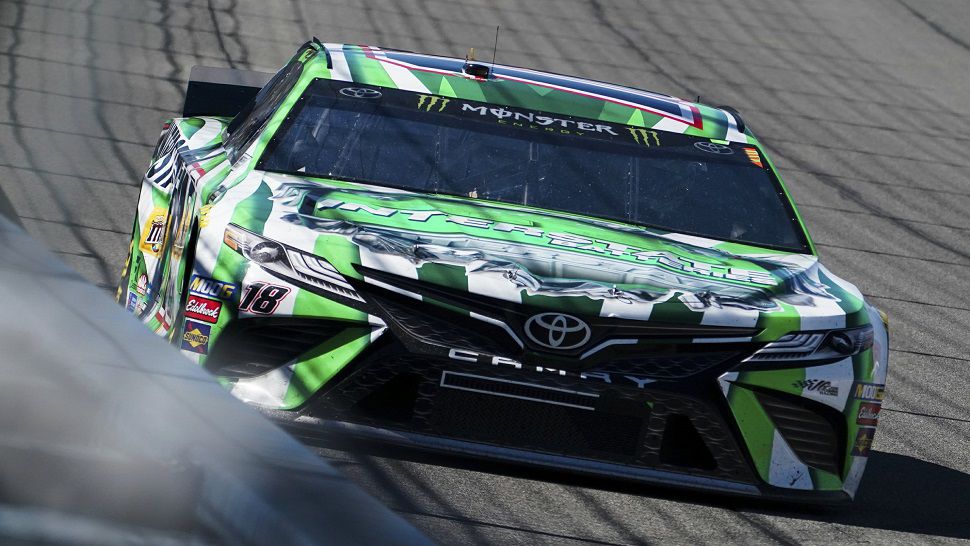 Kyle Busch overcame a speeding penalty on Sunday to win the Cup Series race at Auto Club Speedway.