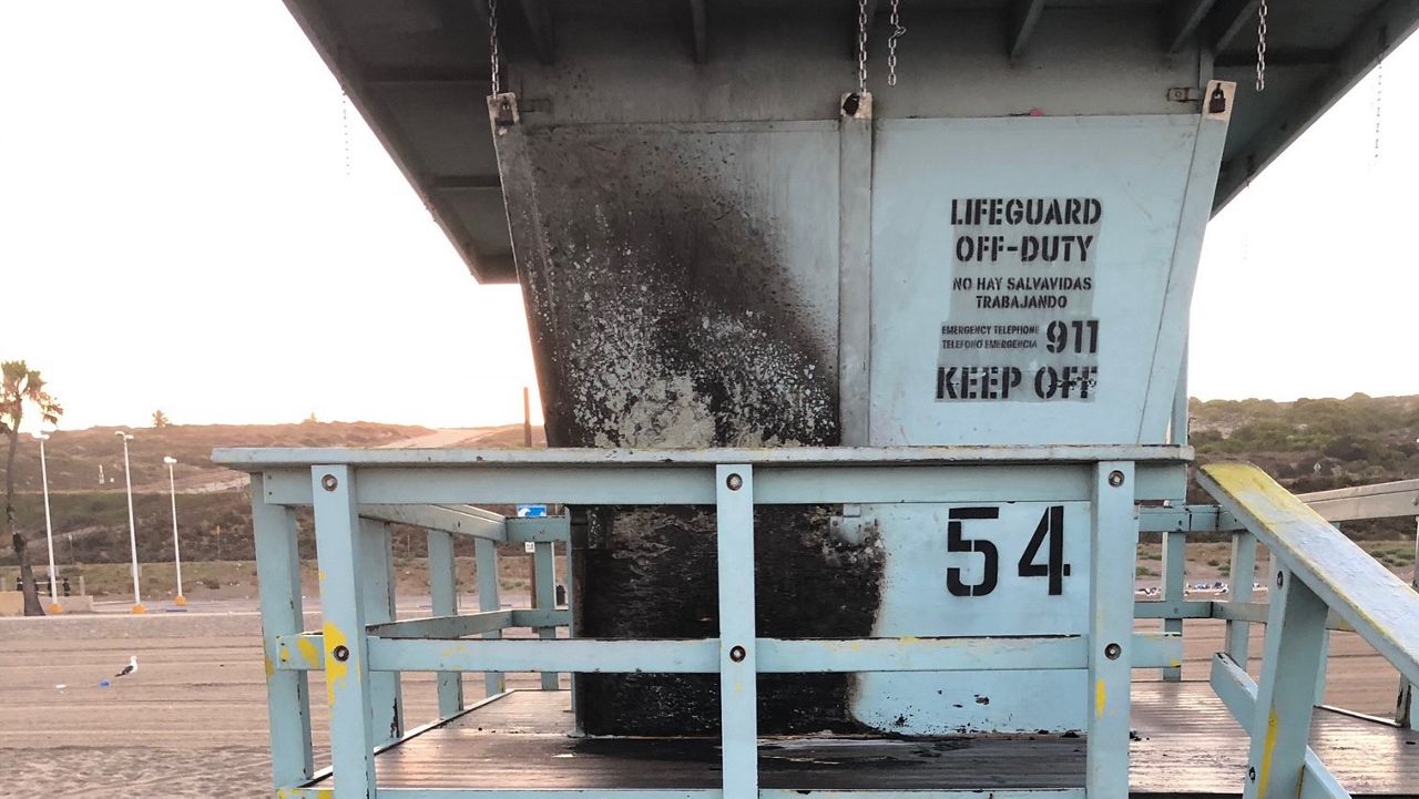 A scorched lifeguard tower at Dockweiler Beach. (Los Angeles County Dept. of Beaches and Harbors)