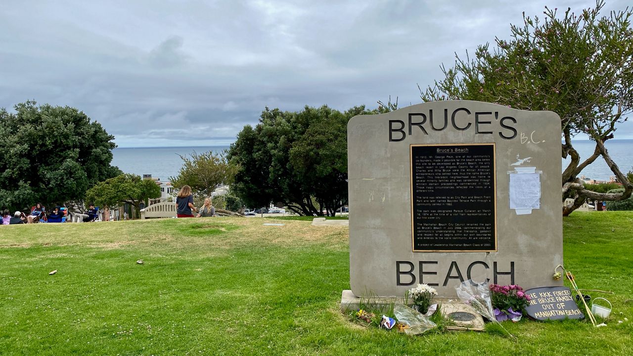 A view of the Bruce's Beach monument. (Spectrum News/David Mendez)