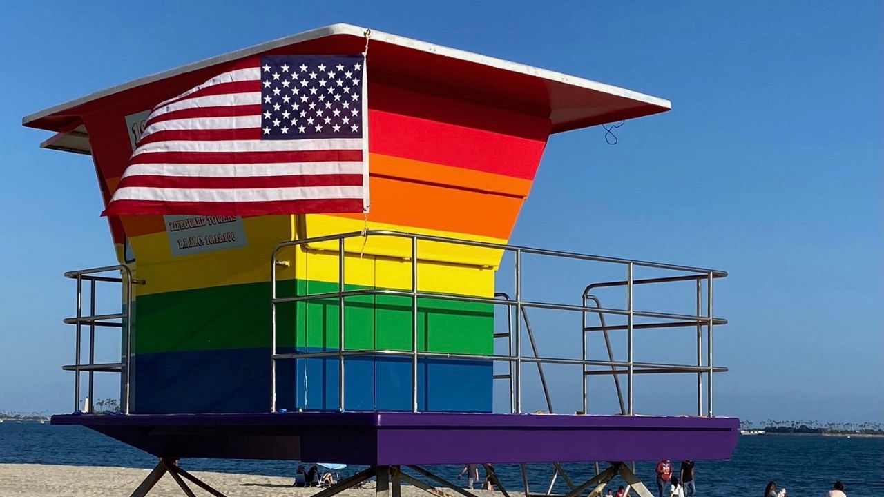 The Hermosa Beach tower was inspired by the Long Beach Pride Lifeguard Tower, seen here, which will be replaced in time for Pride Month following its destruction in the spring. (Photo courtesy City of Long Beach)