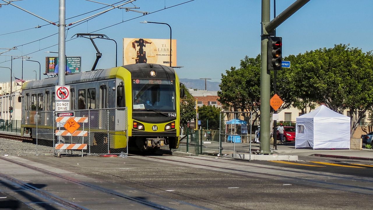 An LA Metro light rail train test along Crenshaw Boulevard (Photo courtesy LA Metro)