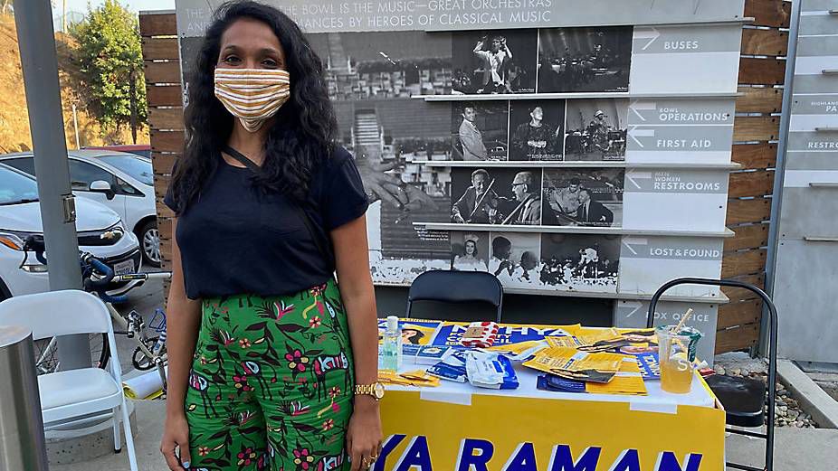 Los Angeles City Council Fourth District Challenger Nithya Raman campaigns on Election Day 2020. (Spectrum News/David Mendez)