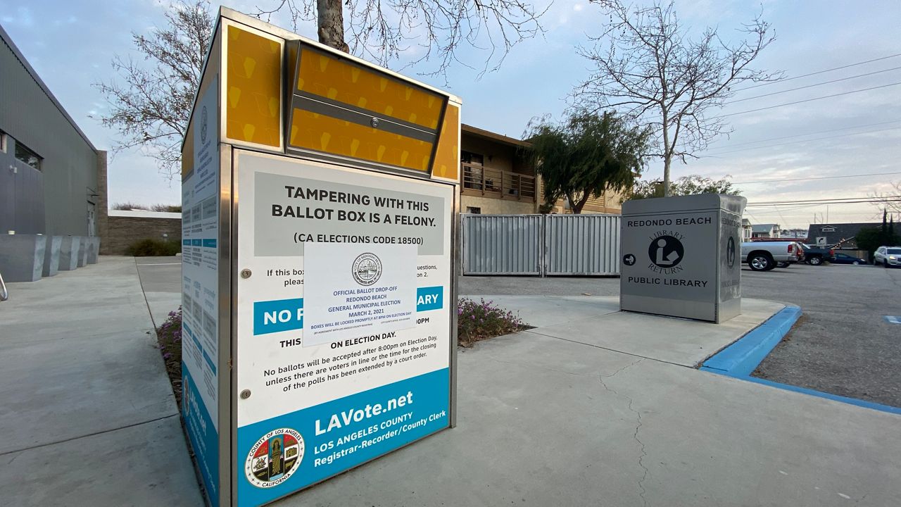 A Los Angeles County ballot drop box outside of the Redondo Beach Public Library's North Branch. (Spectrum News/David Mendez)