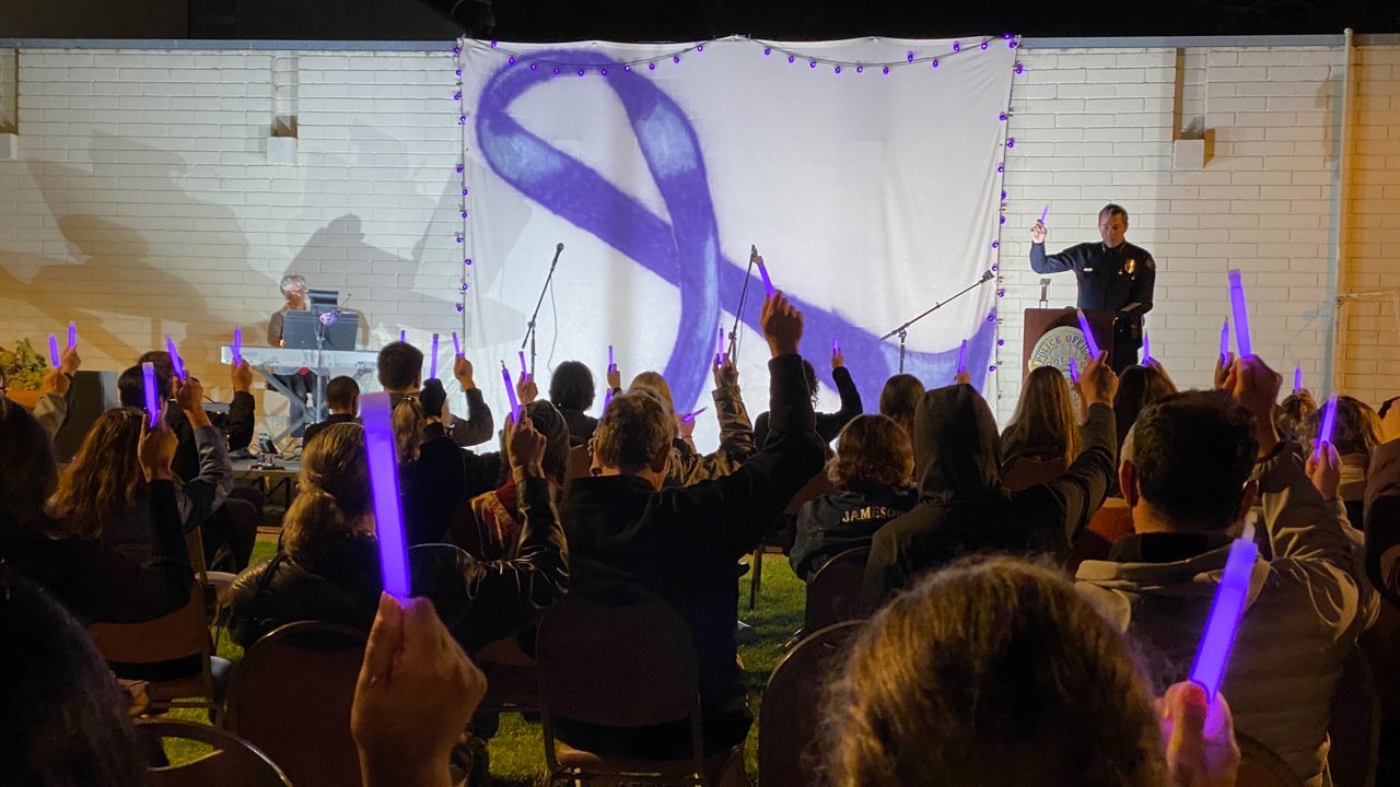 A crowd, led by RBPD Chief Keith Kauffman, raises purple glowsticks in memory of domestic violence victims and survivors. (Spectrum News/David Mendez)