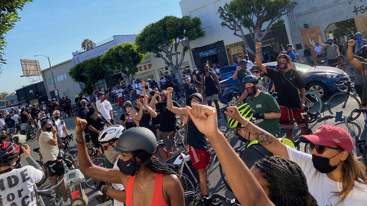 Hundreds of cyclists gathered for a 25 mile Ride for Black Lives between La Brea Avenue and the Venice Boardwalk on Sunday, Aug. 16 (Spectrum News/David Mendez)