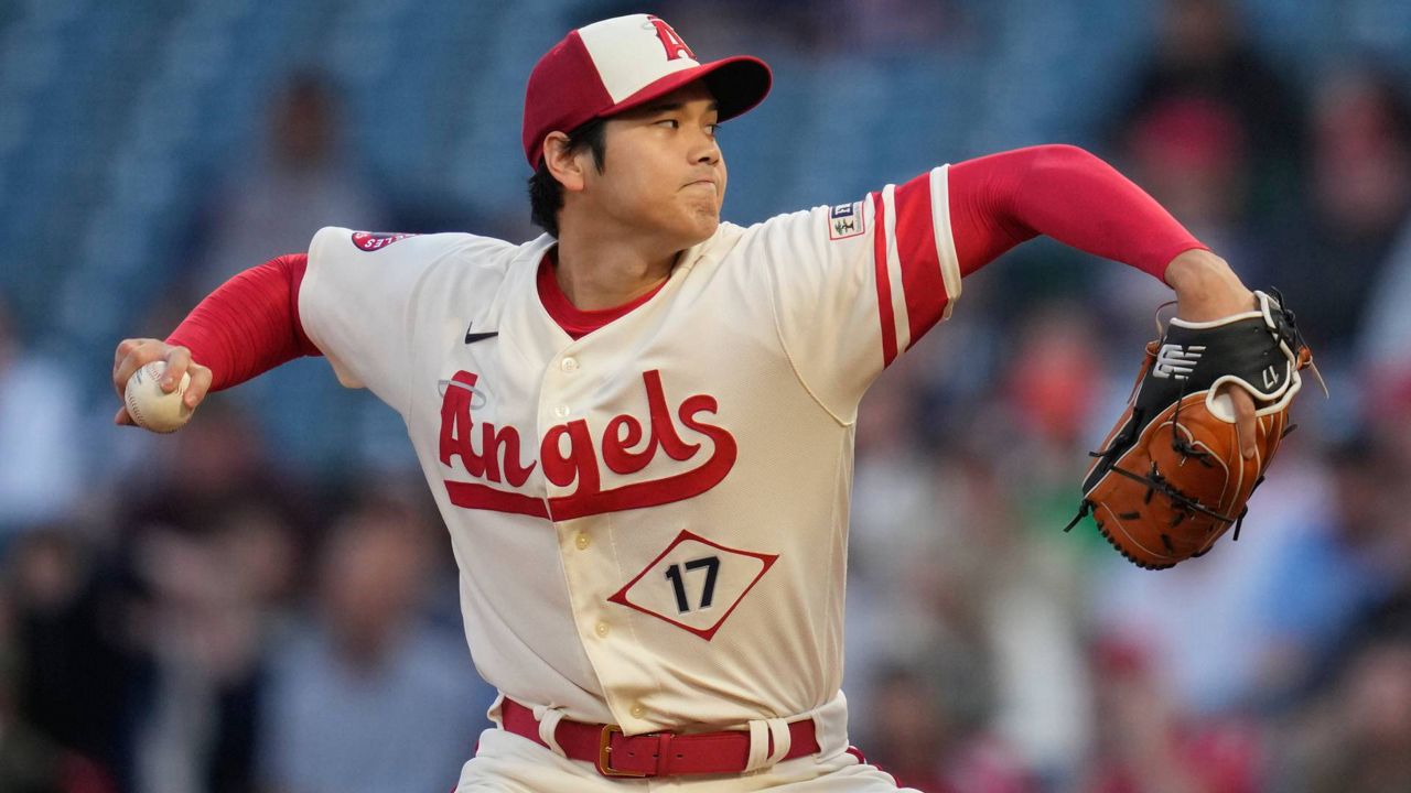 Los Angeles Angels starting pitcher Shohei Ohtani (17) throws during the first inning of a baseball game against the Washington Nationals in Anaheim, Calif., on Tuesday. (AP Photo/Ashley Landis)