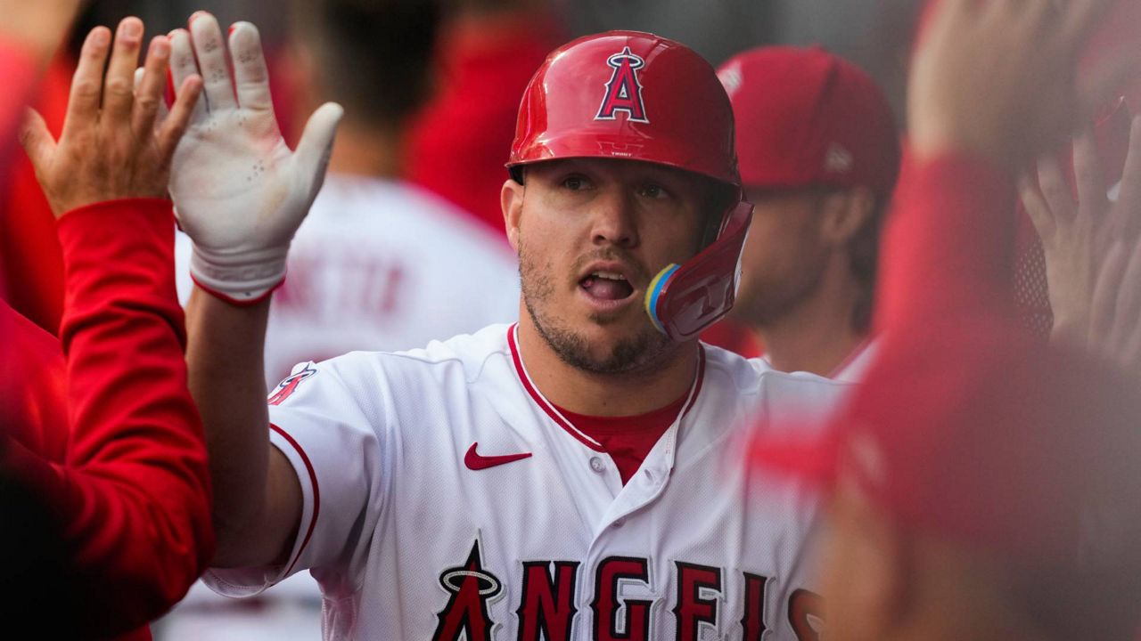 Los Angeles Angels of Anaheim rookie Mike Trout singles in All