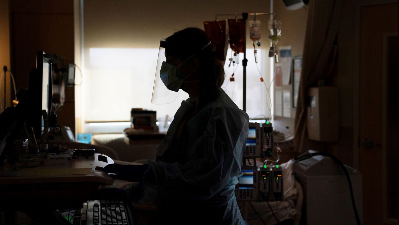 A registered nurse works on a computer while assisting a COVID-19 patient in Los Angeles. (AP Photo/Jae C. Hong, File)
