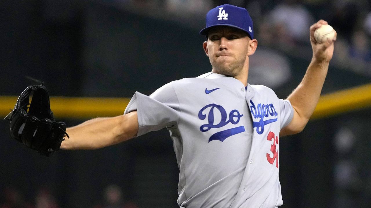 Los Angeles Dodgers pitcher Tyler Anderson throws against the Arizona Diamondbacks in the first inning during a baseball game Monday in Phoenix. (AP Photo/Rick Scuteri)