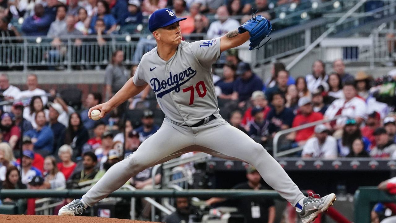 Los Angeles Dodgers rookie starting pitcher Bobby Miller works in the first inning of a baseball game against the Braves Tuesday in Atlanta. (AP Photo/John Bazemore)