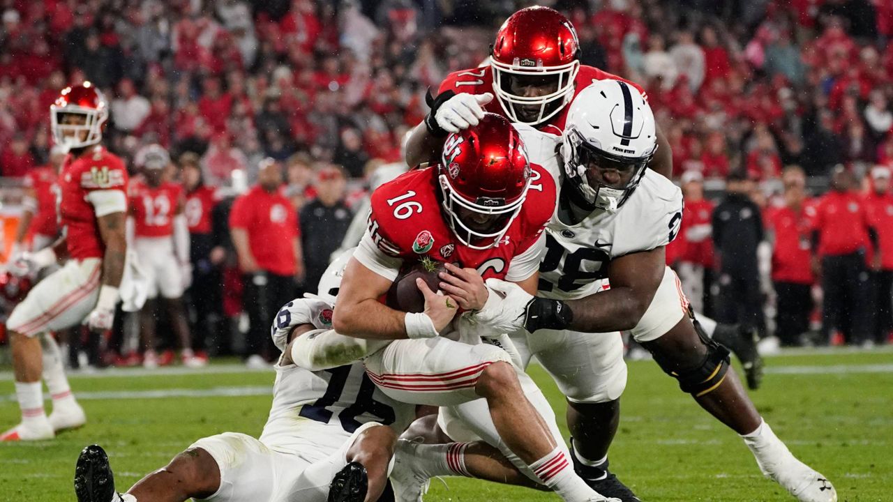Utah quarterback Bryson Barnes (16) is sacked by Penn State safety Ji'Ayir Brown (16) during the second half in the Rose Bowl NCAA college football game Monday in Pasadena, Calif. (AP Photo/Mark J. Terrill)