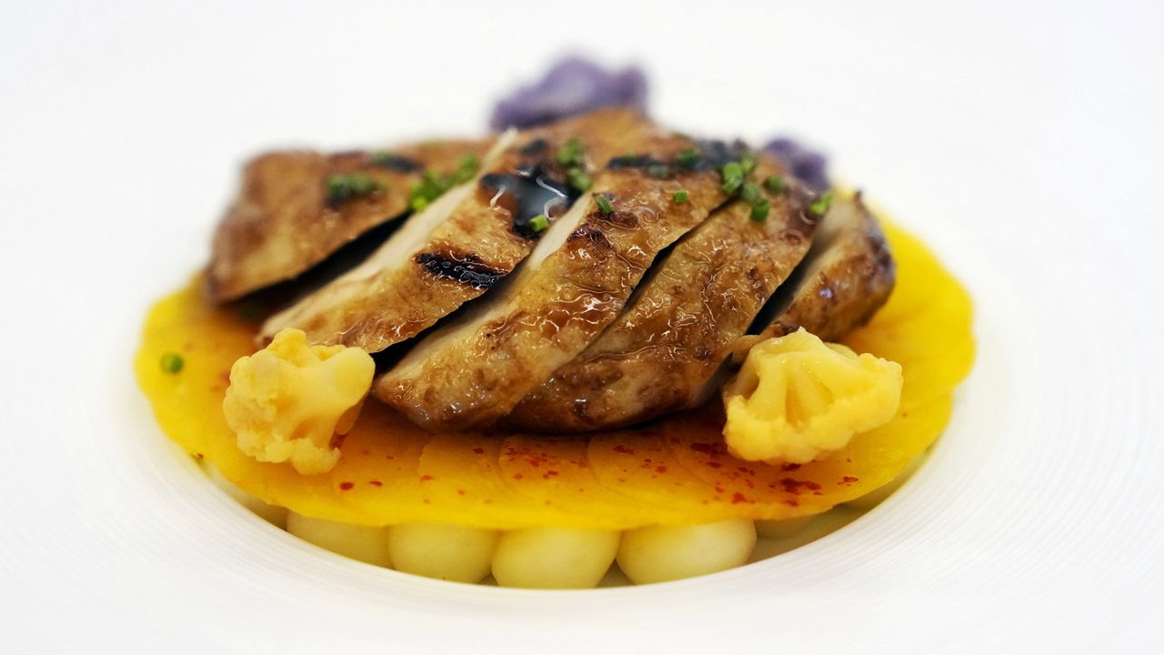 A prepared dish of Good Meat's cultivated chicken is shown at the Eat Just office in Alameda, Calif., Wednesday, June 14, 2023. (AP Photo/Jeff Chiu)