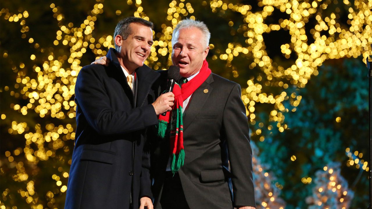 Mayor Eric Garcetti and Councilman Tom LaBonge at The Grove's 11th Annual Christmas Tree Lighting Spectacular Presented By Citi at The Grove on November 17, 2013 in Los Angeles, California. (Photo by Alexandra Wyman/Invision for Caruso Affiliated/AP Images)