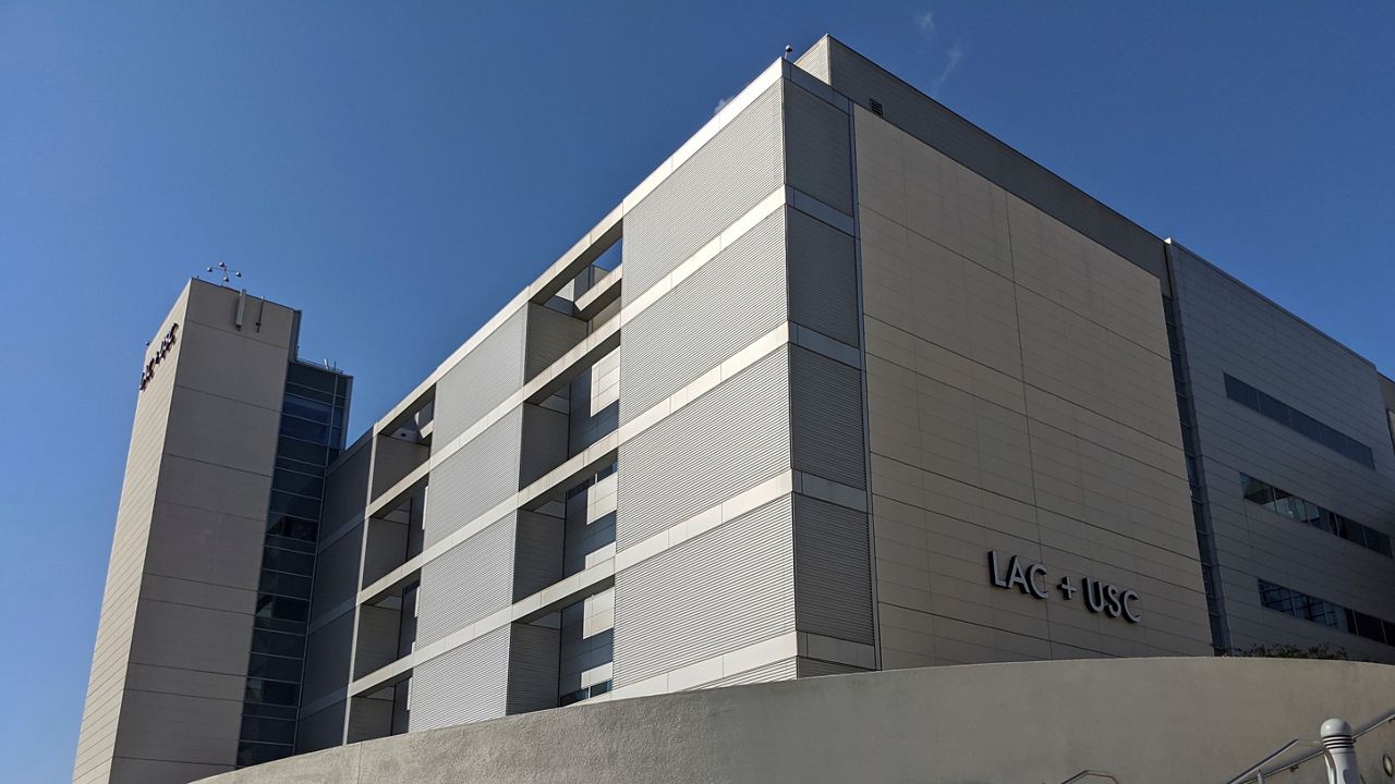 The Los Angeles County + USC Medical Center is seen in Los Angeles Monday, March 30, 2020. (AP Photo/Damian Dovarganes)