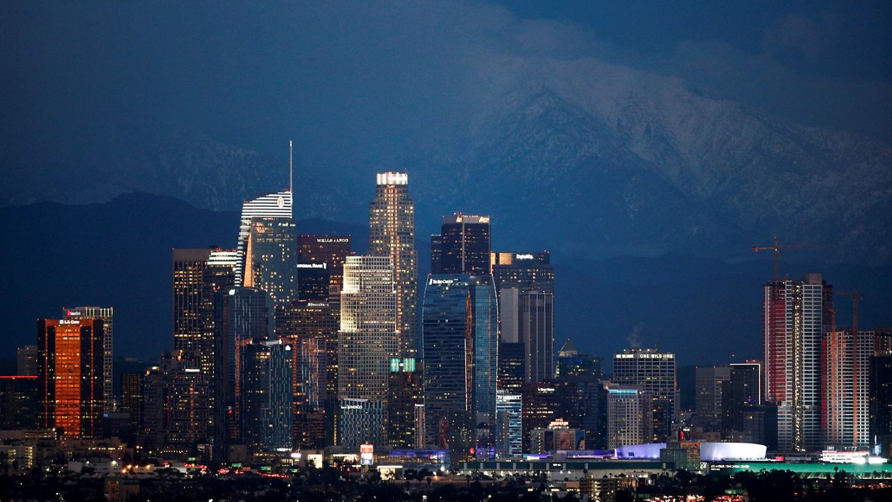 The Los Angeles downtown skyline at dusk Thursday, Feb. 21, 2019, in Los Angeles. (AP Photo/Jae C. Hong)