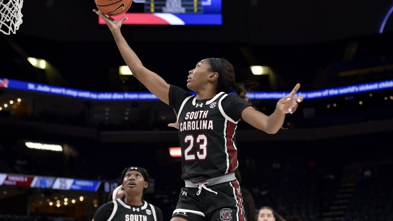 South Carolina guard Bree Hall (23) shoots against Memphis during the Hoops for St. Jude Tip Off Classic NCAA college basketball exhibition game Tuesday, Oct. 15, 2024, in Memphis, Tenn. (AP Photo/Brandon Dill)