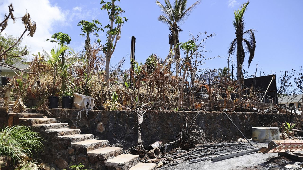 The ruins of a home destroyed by a deadly August wildfire lay outside the boundary of a Hawaiian homestead community in Lahaina, Hawaii, on Friday, Sept. 1, 2023. (AP Photo/Marco Garcia)