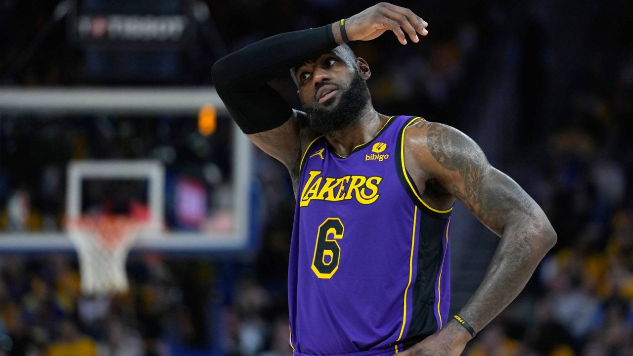 Los Angeles Lakers forward LeBron James (6) reacts during the second half of Game 2 of an NBA basketball Western Conference semifinal game against the Golden State Warriors Thursday in San Francisco. (AP Photo/Godofredo A. Vásquez)