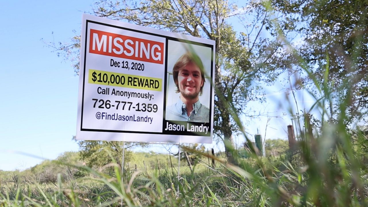 A missing person poster details the disappearance of 21-year-old Texas State student Jason Landry. (Spectrum News 1/Lakisha Lemons)