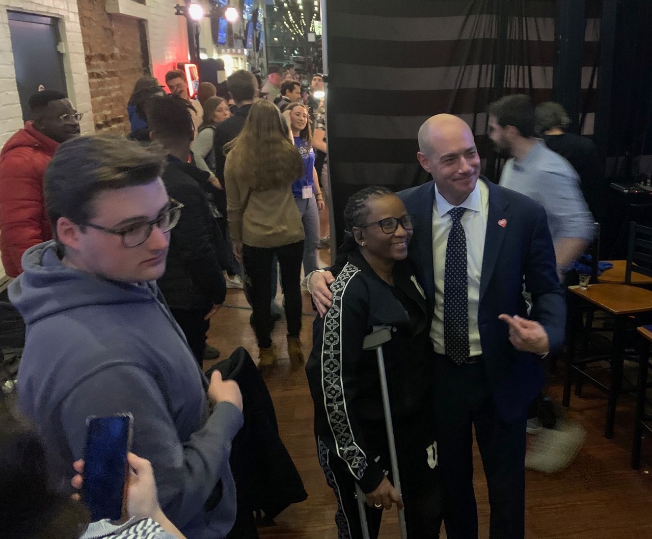Greg Landsman celebrates with supporters during a campaign party following a victory on Election Day 2022. (Casey Weldon/Spectrum News 1)