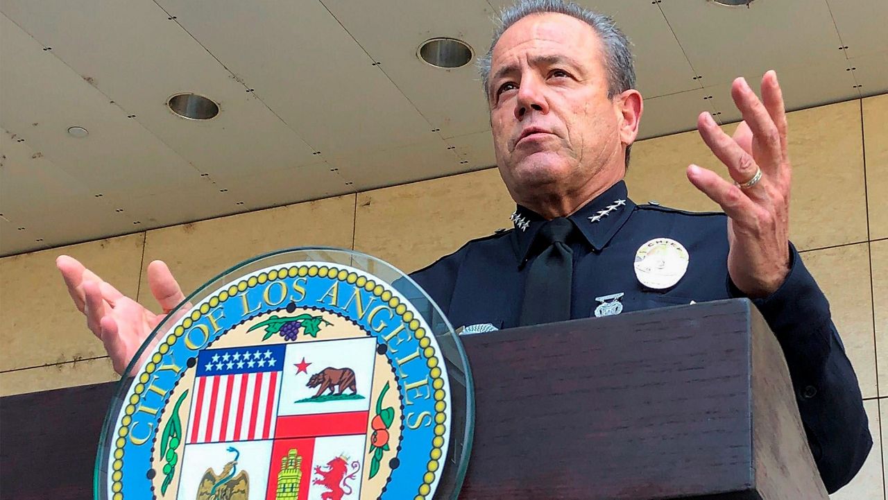 In this Aug. 26, 2020, file photo, Los Angeles Police Chief Michel Moore speaks during a news conference outside LAPD headquarters in Los Angeles. (AP Photo/Stefanie Dazio, File)