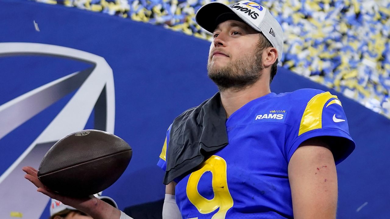 Los Angeles Rams’ Matthew Stafford celebrates after the NFC Championship NFL football game against the San Francisco 49ers on Jan. 30, 2022, in Inglewood, Calif. The Rams won 20-17 to advance to the Super Bowl. (AP Photo/Marcio Jose Sanchez)