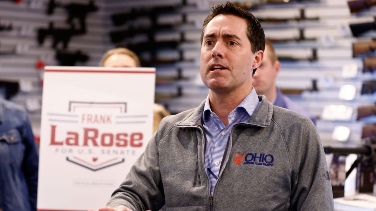 Ohio Secretary of State and Republican candidate for U.S. Senate Frank LaRose speaks to supporters during a campaign event in Hamilton, Ohio, March 18, 2024.