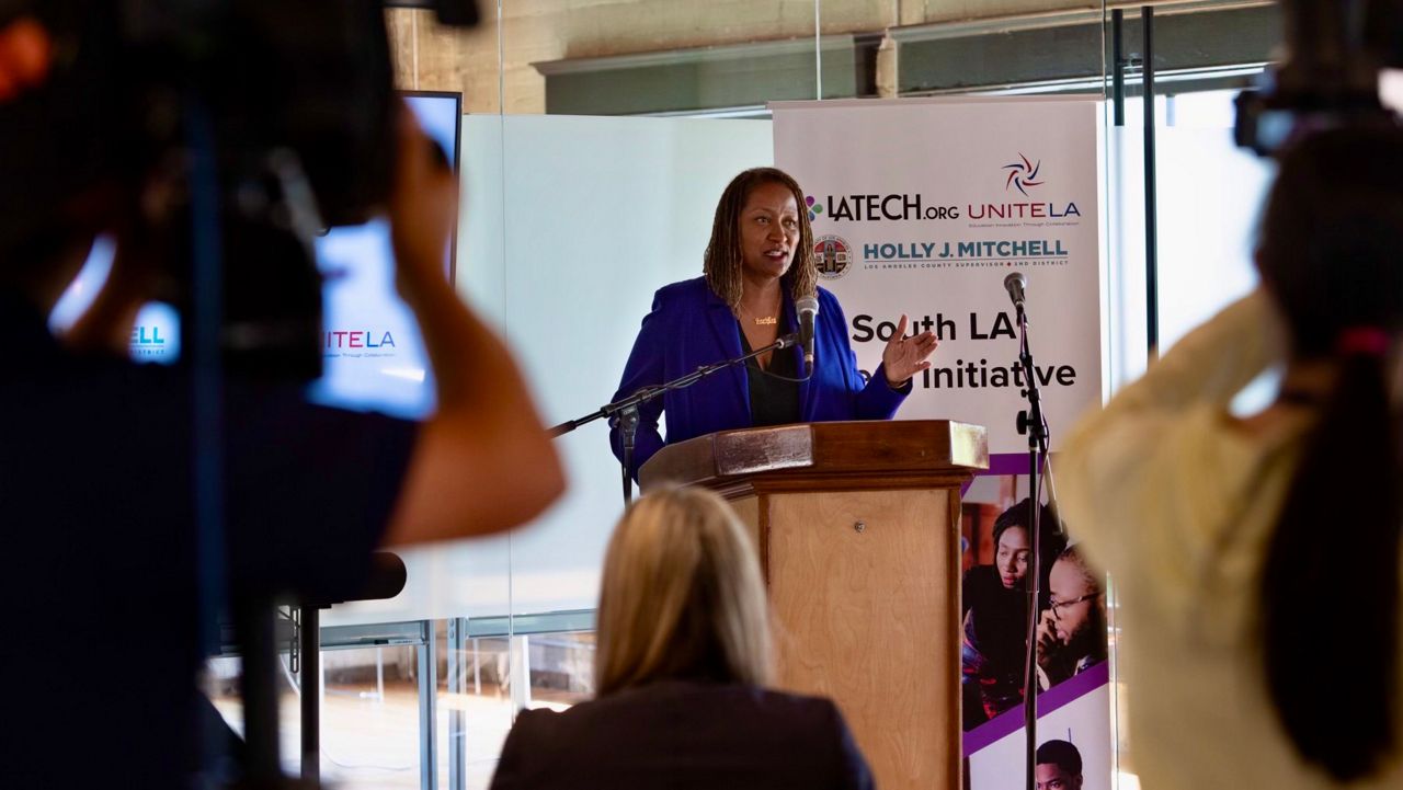Los Angeles County Board of Supervisor Holly Mitchell speaks during a press conference announcing the 1000 Intern Project (Courtesy LA-Tech.org)
