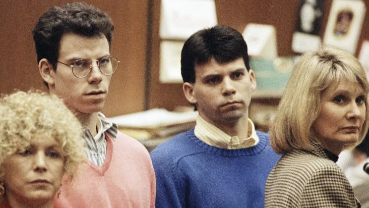 Lyle Menendez, right, and brother Erik listen to a charge of murder conspiracy against them on Dec. 29, 1992, in Los Angeles. (Associated Press/Chris Martinez)