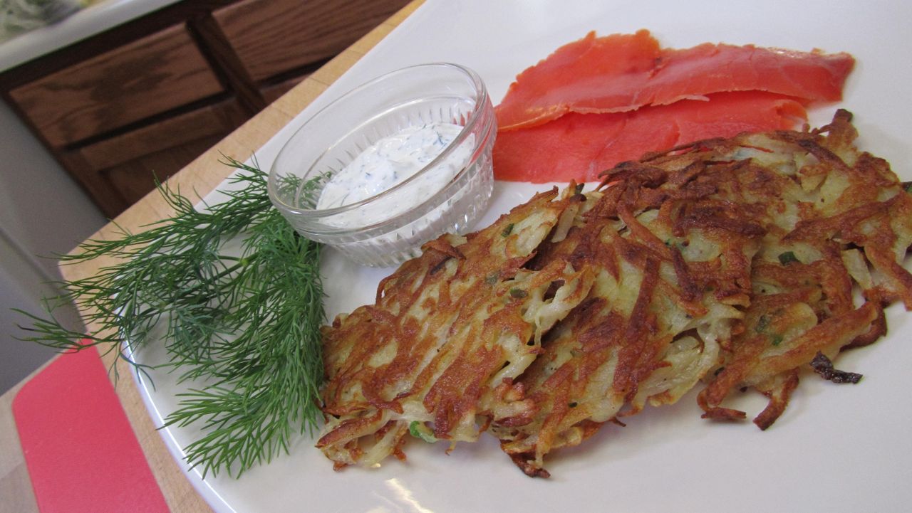 Potato Latkes with Smoked Salmon and Dill Sour Cream