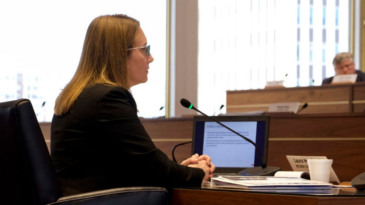 Laura Hogshead, director of the North Carolina Office of Recovery and Resiliency, answers questions from lawmakers about delays in the state's hurricane recovery efforts during a hearing at the Legislative Building in Raleigh, N.C., Dec. 14, 2022. (AP File Photo/Hannah Schoenbaum)