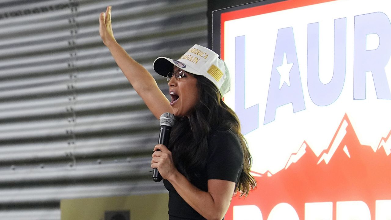 U.S. Rep. Lauren Boebert, R-Colo., speaks to reporters during a primary election watch party Tuesday, June 25, 2024, in Windsor, Colo. (AP Photo/David Zalubowski)