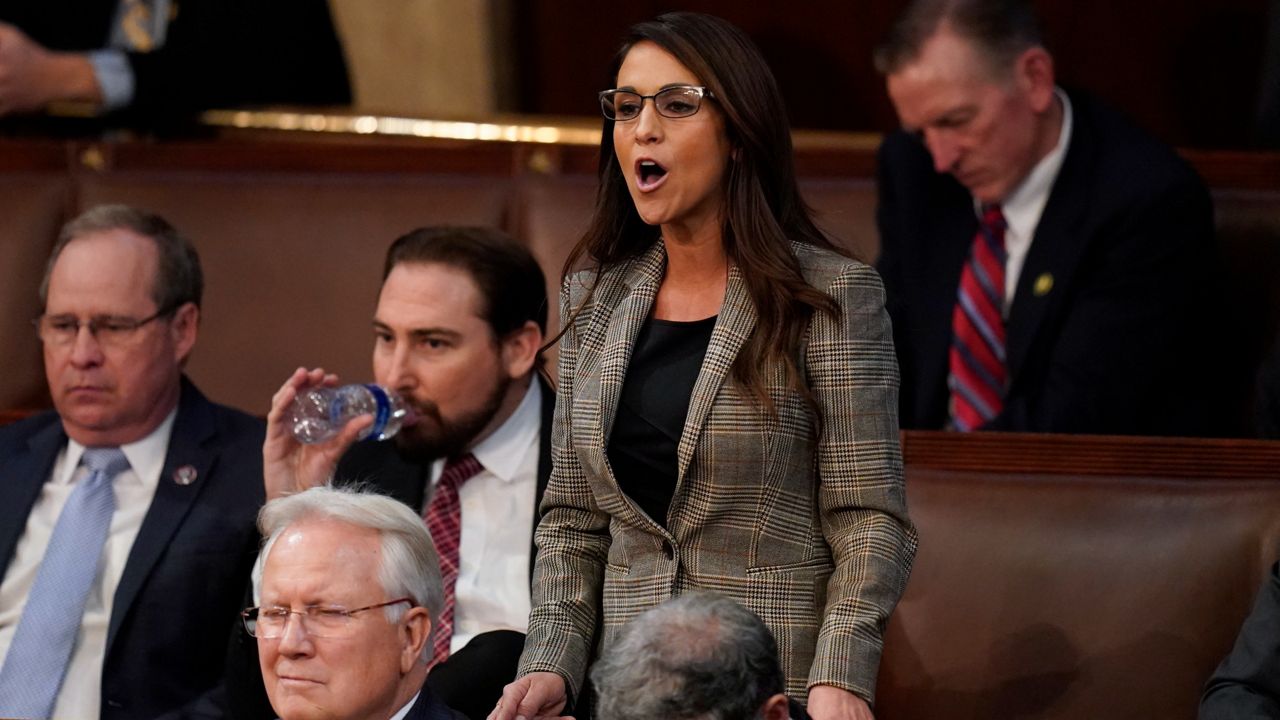 Rep. Lauren Boebert, R-Colo., casts a vote for Rep. Kevin Hern, R-Okla., during the eighth round of voting in the House chamber on Thursday. (AP Photo/Alex Brandon)