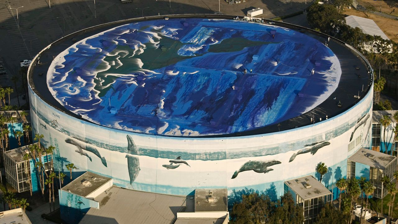 Artist Robert Wyland's finished painting of a three-acre image of planet Earth is seen atop the Long Beach Convention Center in Long Beach, Calif. on Wednesday April 22, 2009. (AP Photo/Damian Dovarganes)