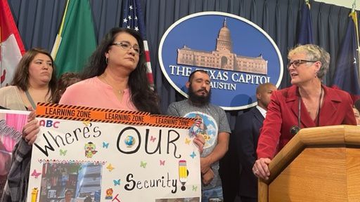 Velma Duran, sister of slain teacher Irma Garcia, stands with Sen. Sarah Eckhardt at a Capitol press conference. (Spectrum News/Kimberly Reeves)