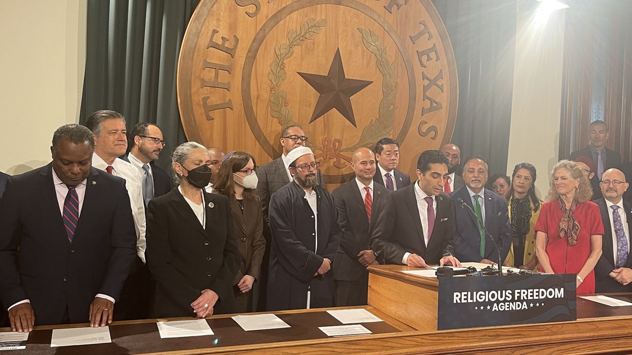 Rep. Salman Bhojani, joined by his colleagues, proposes a trio of religious freedom bills. (Spectrum News/Kimberly Reeves)