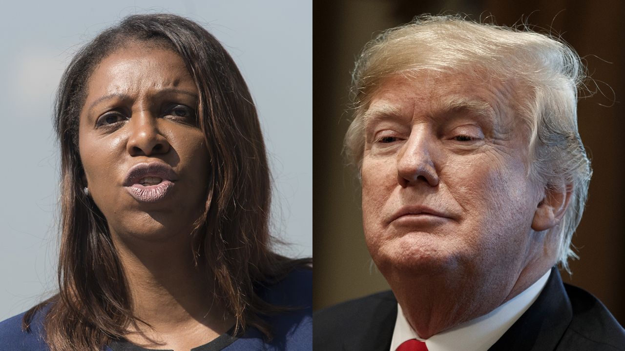 From left to right: Letitia James wearing a navy blue blazer; Donald Trump wearing a white dress shirt, a red tie, and a black suit jacket.
