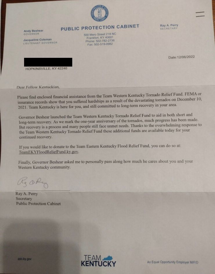 A letter which came with a $1,000 check mailed to someone who was not impacted by the December 2021 tornadoes. (Courtesy of Sen. Whitney Westerfield)