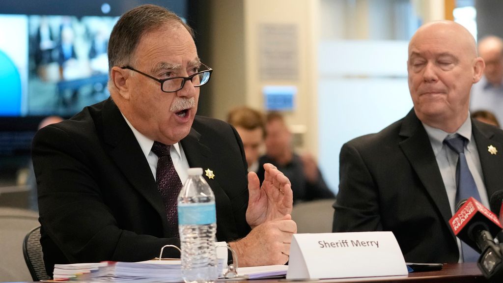 Sagadahoc Country Sheriff Joel Merry responds to questioning, Thursday, Jan. 25, in Augusta, during a hearing of the independent commission investigating the law enforcement response to the mass shooting in Lewiston, Maine. (AP Photo/Robert F. Bukaty)