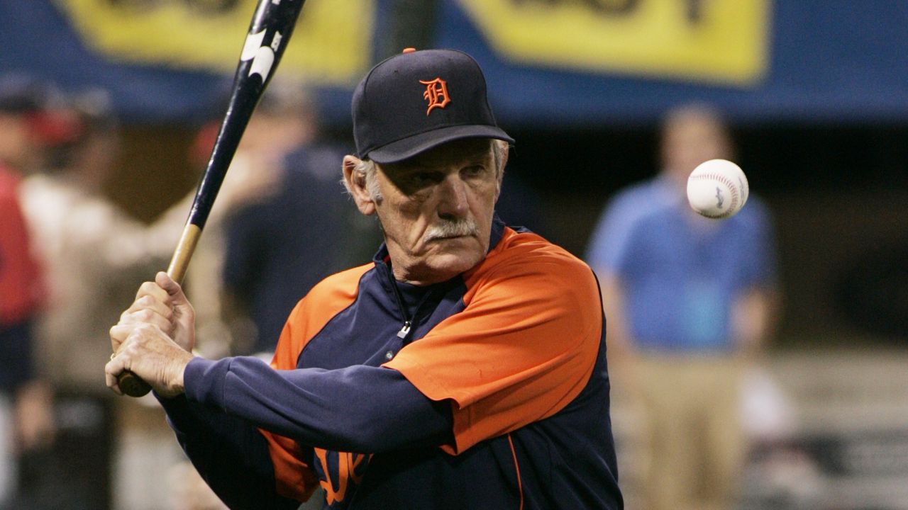 Detroit Tigers manager Jim Leyland hits a ball before the first inning of a baseball game against the Minnesota Twins Tuesday, Oct. 6, 2009, in Minneapolis. (AP Photo/Paul Battaglia)