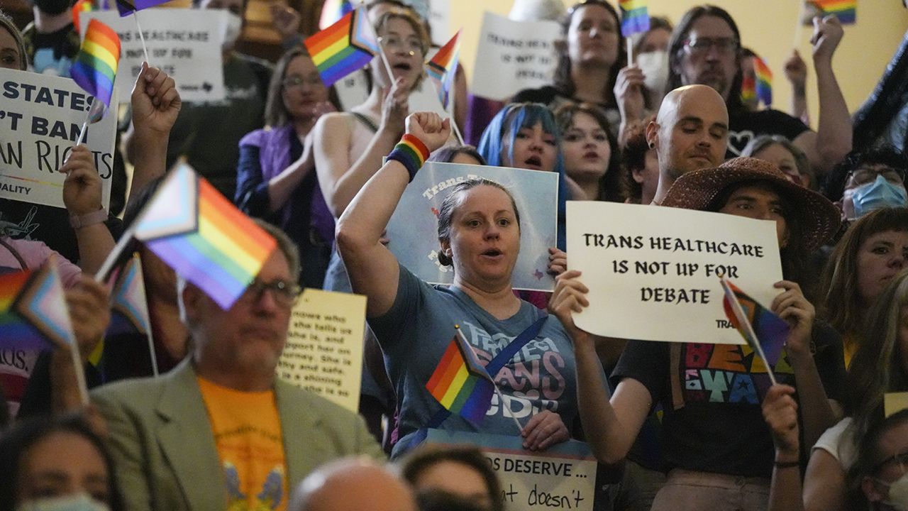 LGBTQ+ activists protest Senate Bill 14, that would ban gender-affirming medical care for transgender children, at the Texas Capitol, Friday, May 12, 2023, in Austin, Texas. (Mikala Compton/Austin American-Statesman via AP, File)