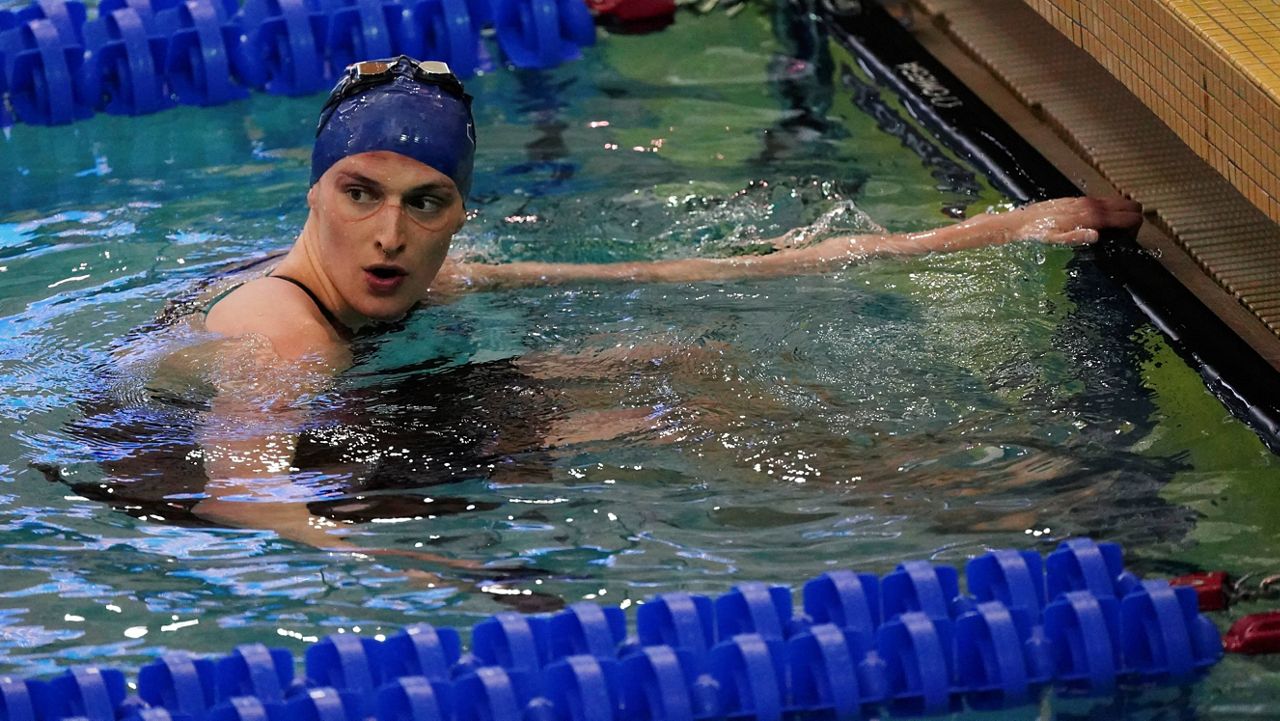 Pennsylvania's Lia Thomas waits for results after swimming the women's 200 freestyle final at the NCAA swimming and diving championships on March 18, 2022, in Atlanta. (AP Photo/John Bazemore, File)