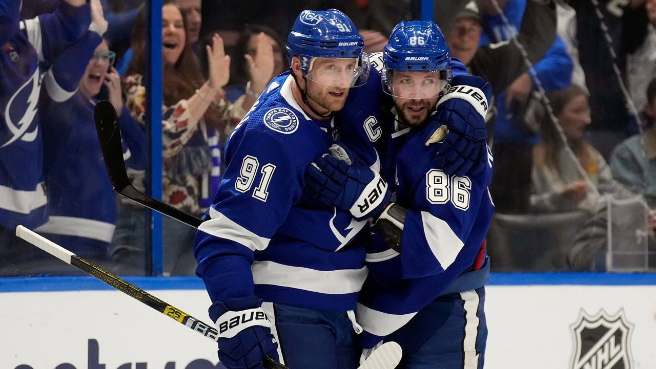 Tampa Bay Lightning center Steven Stamkos (91) celebrates his goal against the Anaheim Ducks with right wing Nikita Kucherov (86) during the second period of an NHL hockey game Saturday, Jan. 13, 2024, in Tampa, Fla. (AP Photo/Chris O'Meara)