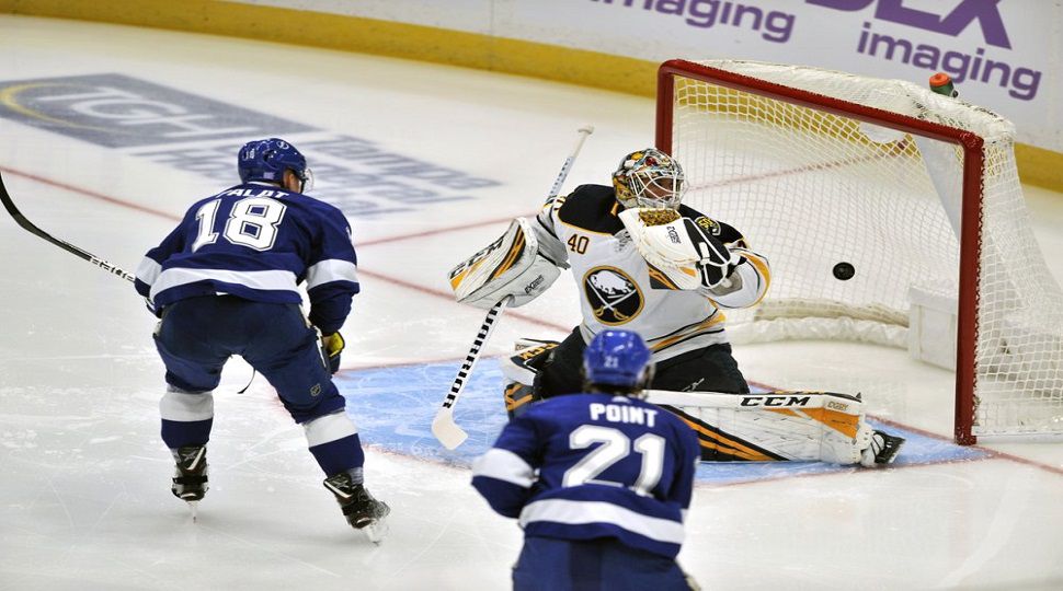 Tampa Bay Lightning's Ondrej Palat (18) and Brayden Point (21) watch as Nikita Kucherov scores against Buffalo Sabres goalie Carter Hutton (40) during the first period of an NHL hockey game Monday, Nov. 25, 2019, in Tampa, Fla. (AP Photo/Steve Nesius)