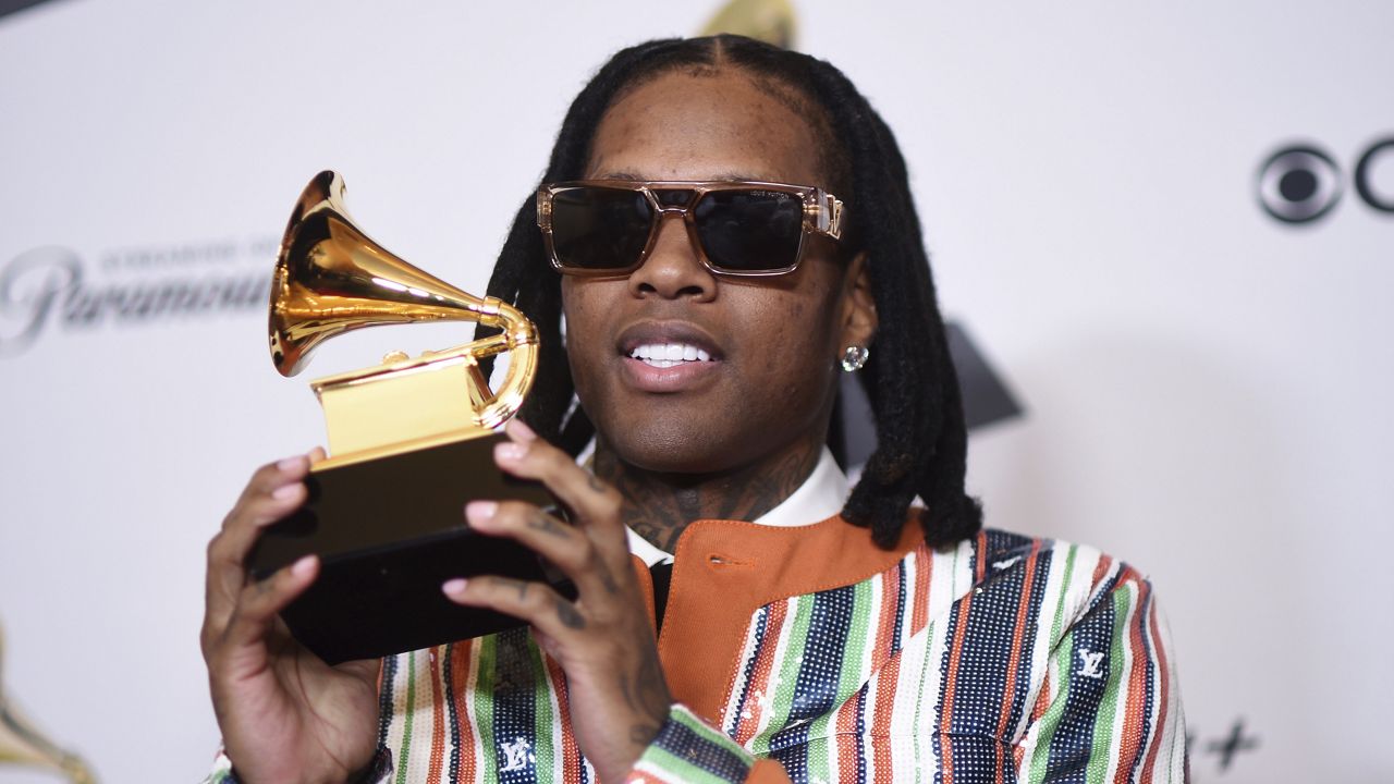 Lil Durk poses in the press room with the award for best melodic rap performance for "All My Life" by Lil Durk featuring J. Cole during the 66th annual Grammy Awards, Feb. 4, 2024, in Los Angeles. (Photo by Richard Shotwell/Invision/AP, File)