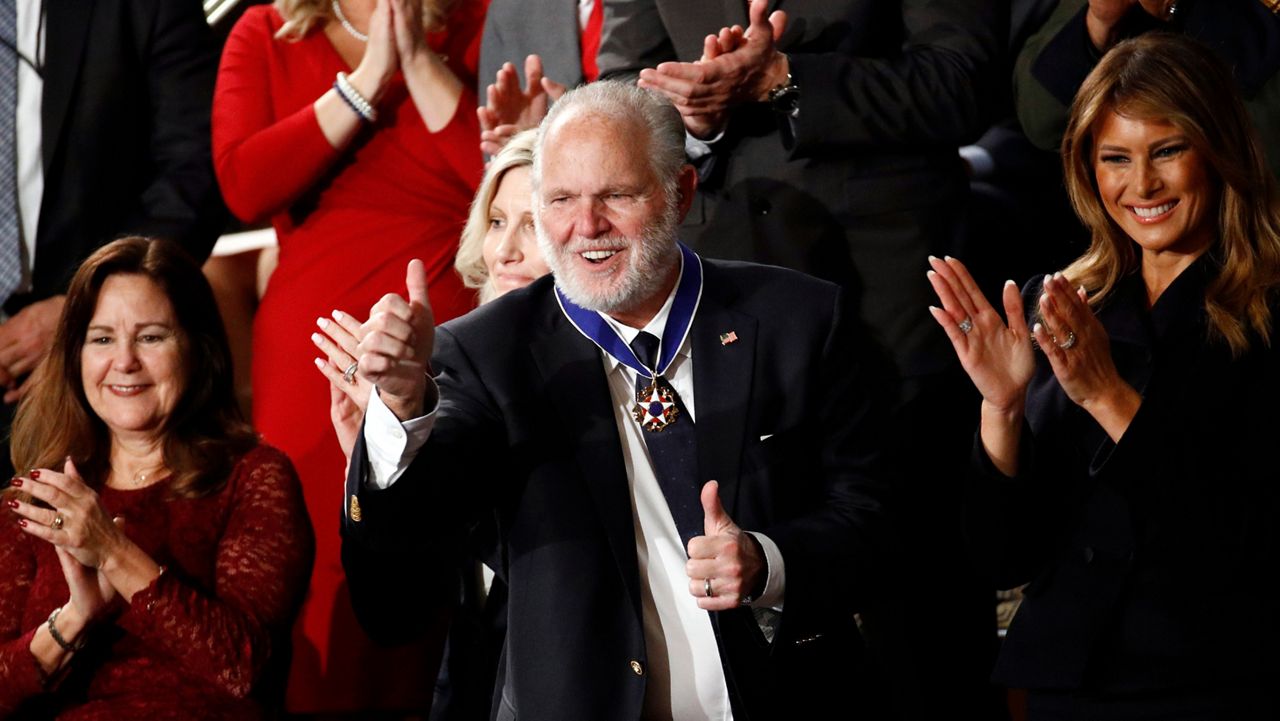 Rush Limbaugh reacts after first Lady Melania Trump presented him with the the Presidential Medal of Freedom as President Donald Trump delivers his State of the Union address to a joint session of Congress on Capitol Hill in Washington, Tuesday, Feb. 4, 2020. (Patrick Semansky/AP)